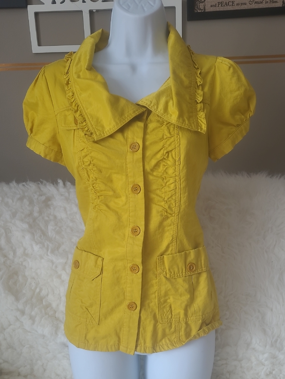 Yellow Ruffle-Trim Button Front Women’s Top